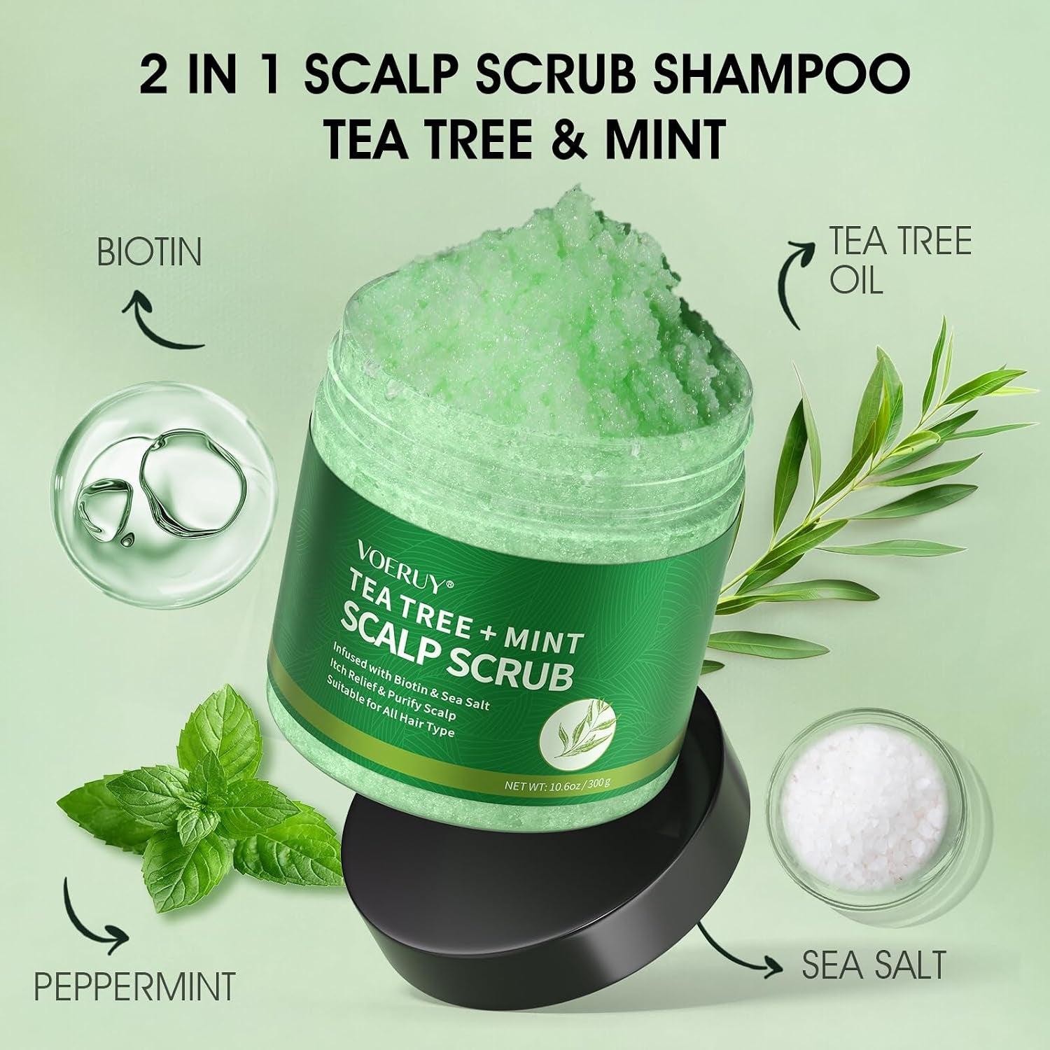 Scalp Scrub, Tea Tree Scalp Exfoliator Scrub Shampoo, 2-In-1 Scalp Treatment with Mint Oil, Hair Treatment to Clarify and Remove Build up with Silicone Scalp Massager, 10.6Oz/300G